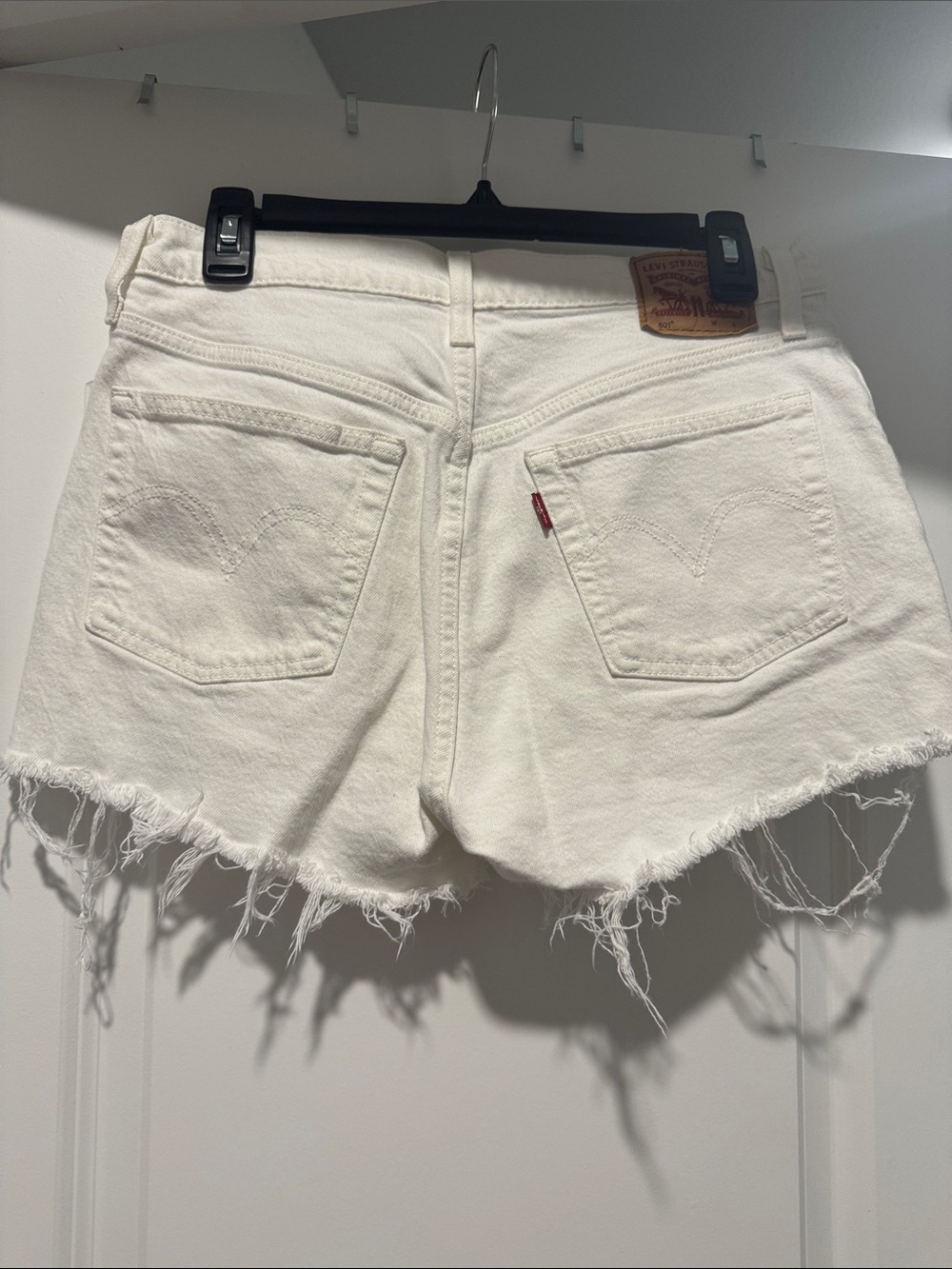 Levi 501 White High Waisted Distressed Cut Off Denim Shorts - Women - Picture 4 of 9